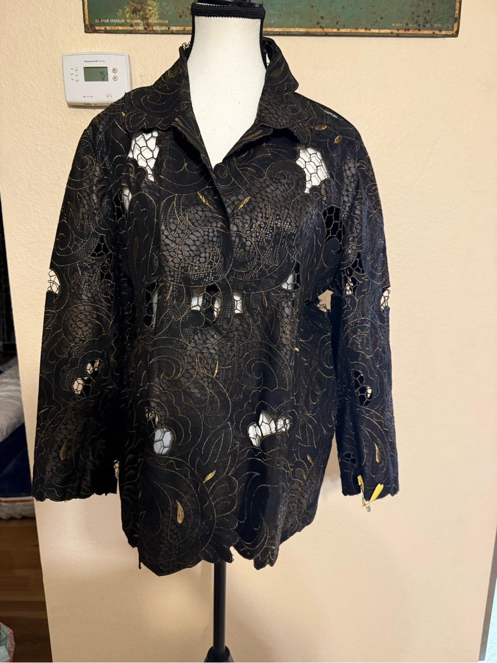 CHICOS JACKET COAT KIMONO BROWN BLACK GOLD METALLIC EMBROIDER NETTED Size 3